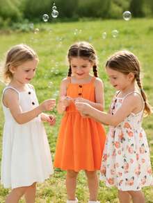 3pcs/Set Young Girls Floral Print Sleeveless Fashion Casual Dress - Orange - View 4