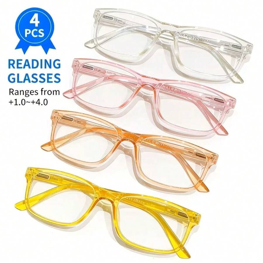 (4-Pack Mixed Styles) Ultra-Lightweight Women's Reading Glasses Features Stylish, Colored Frames And Clear Lenses. Its Fashionable Design And Clear Vision (Prescription +1.0 To +4.0) Meet The Needs Of Different Degrees Of Presbyopia, Adding A Touch Of Color To Autumn And Winter Outfits. It Helps People With Presbyopia Read Clearly And See Objects Up Close. The Multiple-Pair Design Makes It Convenient For Use In Various Settings Such As Home And Office.US Stock - 彩色 - 查看 1