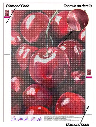 |5D DIY Diamond Painting|Glossy Deep Red Cherries Still Life DIY Diamond Art Kit, Rich Crimson Cherry Clusters With Realistic Light-Reflective Highlights, Delicate Green Stem Details, And Moody Dark Background. Handmade Decorative Painting, 5D DIY Embroidery Mosaic Art, Make Your Own Wall Art DIY, Enjoy The Fun Of Hands-On, The Best Gift For Friends