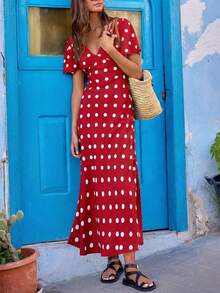 Đầm chấm bi kiểu bohemian tay ngắn cổ chữ V hở lưng, thời trang, thanh lịch, phù hợp cho kỳ nghỉ, du lịch, đám cưới và mặc hàng ngày vào mùa hè. - Đỏ - Xem 3
