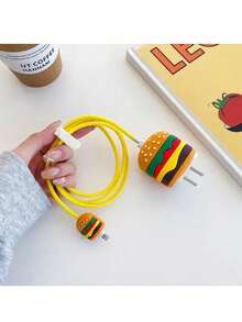 4pcs Cartoon Cute Hamburger & Apple Design Protective Case Compatible With IPhone Charger & Cable, Suitable For 18/20W Apple Charger And Data Cable, Tidy Cable Management, Anti-Collision, Anti-Scratch, Anti-Dirt - Yellow - View 6