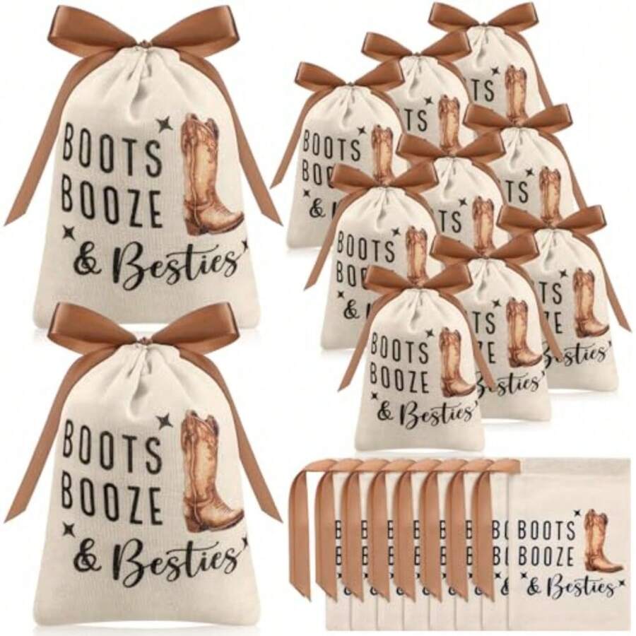 12 Pcs Boots Booze And Besties Hangover Kit Bags Nashville Bachelorette Party Favor Bag 5"X7" Reusable Muslin Drawstring Hangover Bag For Western Themed Bridal Shower Country Wedding Party - màu trắng chính - Xem 1