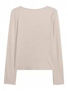 修身系带长袖女式T恤，简约风格，春秋休闲款 - 杏色 - 查看 4