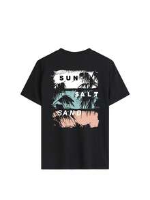 New Summer Women's Minimalist Letter & Maple Leaf Sunset Print Round Neck Dark Grey Short Sleeve T-Shirt, Fashionable & Versatile, Suitable For Women's Casual Daily Wear Vacation Black - Black - View 3