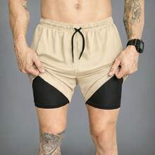 KIT 2 Short 2 In 1 Dry Fit Lined Men's Gym Shorts For Running And Training With Elastane - BLACK aND BEIGE - View 5