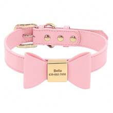 PU Engraved Dog Collar With Cute Bow, Adjustable Leather Pet Collar, Anti-Lost For Small/Medium Dogs & Cats, Available In Red, Pink, Blue, Brown - Watermelon Pink - View 13