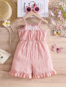 Bộ áo liền quần màu hồng thắt nơ cho bé gái, chất liệu cotton, kiểu dáng công chúa, khoét lỗ, dây đeo xếp ly, phong cách mùa hè. - Màu Hồng  San hô - Xem 2