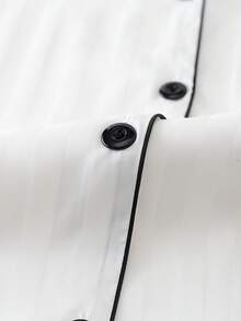 2pcs White Women Striped Embroidered Silk Pajama Set, Lapel Long Sleeve Sleepwear - 白色 - 查看 4
