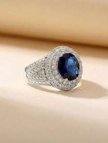 Nhẫn đá Cubic Zirconia và Sapphire xanh dương sang trọng, hộp quà cao cấp, trang sức dự tiệc cao cấp, chất liệu đồng không phai màu và không gây dị ứng, món quà lý tưởng cho dịp lễ. - Bạc - Xem 3