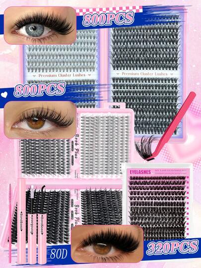 800/320PCS Clusters False Eyelashes, D Curl, DIY Eyelash Extension Set With Glue, Tweezers, Eyelash Brush, Individual Lashes High Capacity For Thick & Fluffy, Natural Look Eyes Makeup Beauty, DIY At Home Large Capacity Individual Eyelashes Book For Beginner, Starter, Makeup Artist, Soft And Long Lasting False Lashes