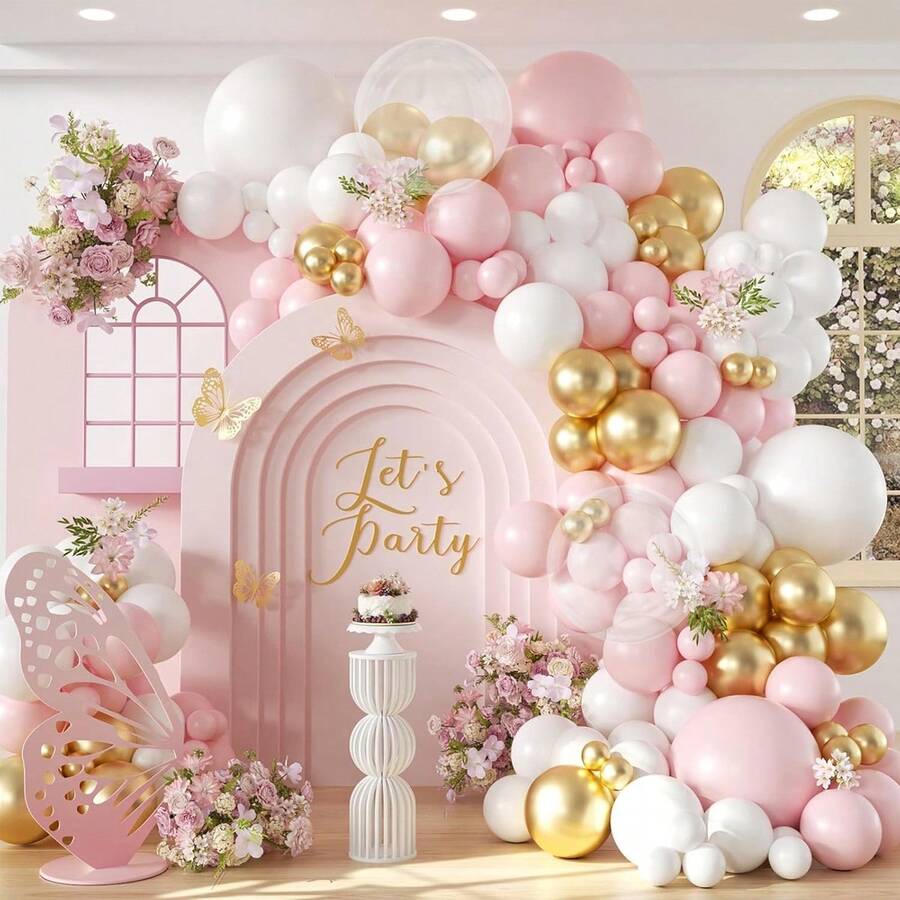 91 Pieces Spring Rural Style Balloon Arch Set, Including Macaroon Pink, White, Bobo Balloons, And Metallic Gold Latex Balloons. Suitable For Valentine's Day, Mother's Day, Wedding Day, Engagement Day, Spring Celebration, Baby Banquet Day, First Birthday, Graduation Seasont. - View 1