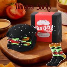 1 Pair New Interesting Multi-Color Hamburger Mid-Calf Socks Gift Box, Spring/Summer New Unisex Sports Socks, Imaginative Food-Inspired Creative Design, Knitted Fabric, Long & Thick Soft & Comfortable, Perfect Gift For Birthday, Valentine's Day, Easter, Festival, Carnival, Dates, Parties, Holidays, Unique Fashion Quirky Abstract Daily Casual Wear Socks, Popular Food-Themed Outfit, Suitable For All Seasons, Great Gift For Couples, Friends, Ideal For Vacation, Outdoor Sports, Gym, Home, Office, Etc. - Black - View 11