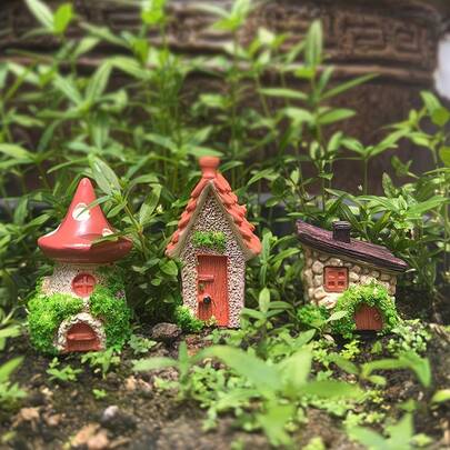 3 piezas Modelo de casa de madera en miniatura, Decoración de casa de piedra miniatura realista, Escultura de paisaje con tema de jardín mágico de hadas