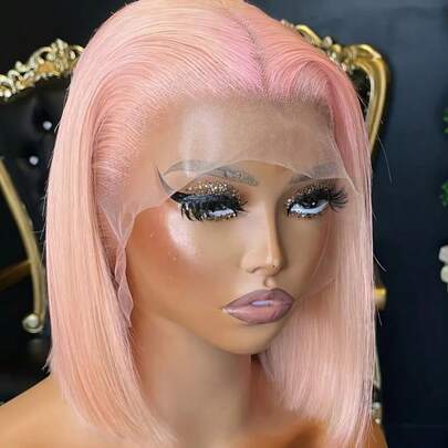 Light Pink Wig Lace Frontal Human Hair Wig Brazilian Middle Part 13x4 HD Lace Front Wigs Pre Plucked Bleached 180% Denity Bone Straight Bob Wig Human Hair Colored Wigs Pink 12inch Ship Today