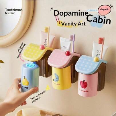 حامل فرشاة الأسنان والكوب المثبت على الحائط ثلاثي الألوان، كوب غسيل الأسنان بحامل مغناطيسي لفرشاة الأسنان بدون ثقب