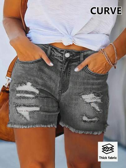 女士加大码灰色做旧牛仔短裤，夏季复古美式毛边牛仔短裤