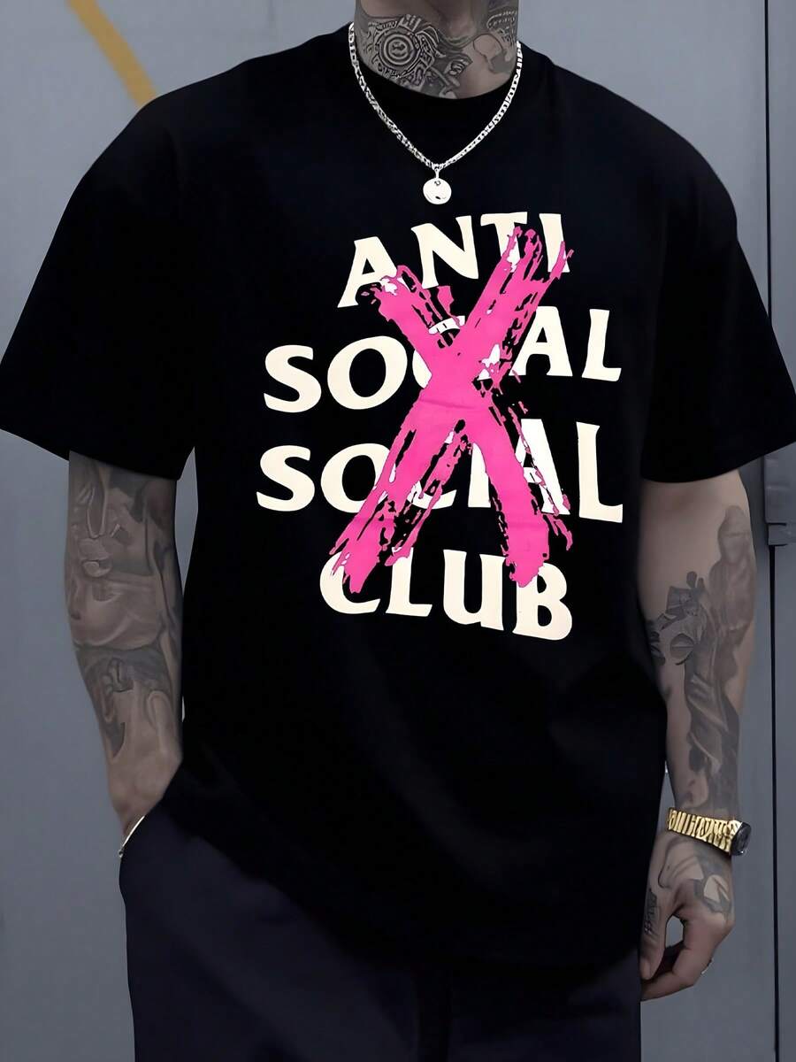1Pcs Anti Social Club Print T Shirt Urban 100% Cotton T Shirt Oversized Men's Graphic Tee Summer Casual Streetwear Short Sleeve Crew Neck T Shirt - 黑色 - 查看 1