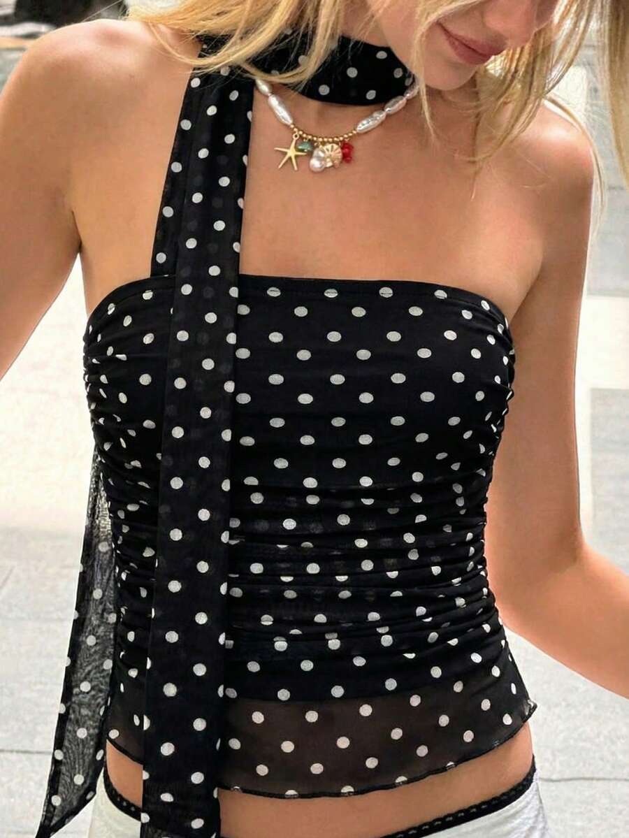 Women's Y2K Polka Dot Sheer Tube Top - Sexy One-Shoulder Tie Strap Ruched Crop Top For Summer Party Streetwear - Black - View 1