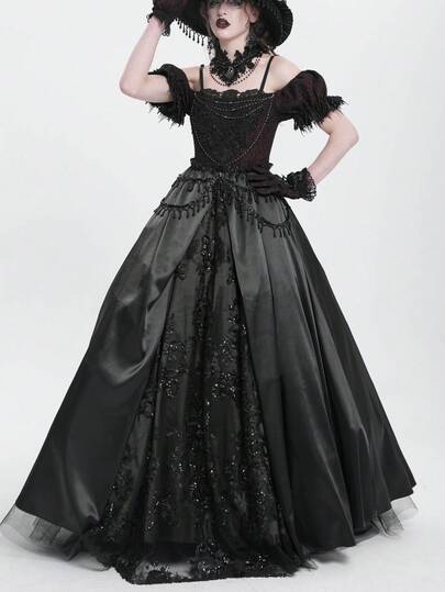 EVA LADY Vintage Gothic Off Shoulder Velvet Maxi Dress, Beaded Lace Slit Formal Gown