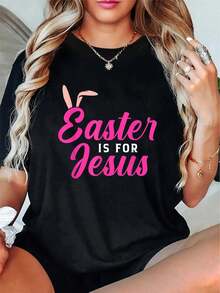Camiseta 100% Algodón Unisex de Pascua con Diseño de Conejo y Huevos de Pascua, Estilo Vintage, Ropa Casual de Verano para Hombres y Mujeres - Negro - Ver 1
