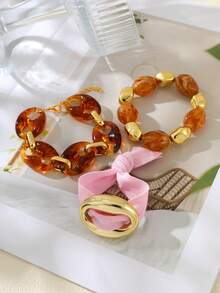 1pc Retro Elegant Resin Pig Nose Beaded Bracelet, Suitable For Women, Sisters Or Couples For Daily Wear, Dates, Parties, Holidays, Summer Beach Vacation Or As Gifts - Gold - View 2