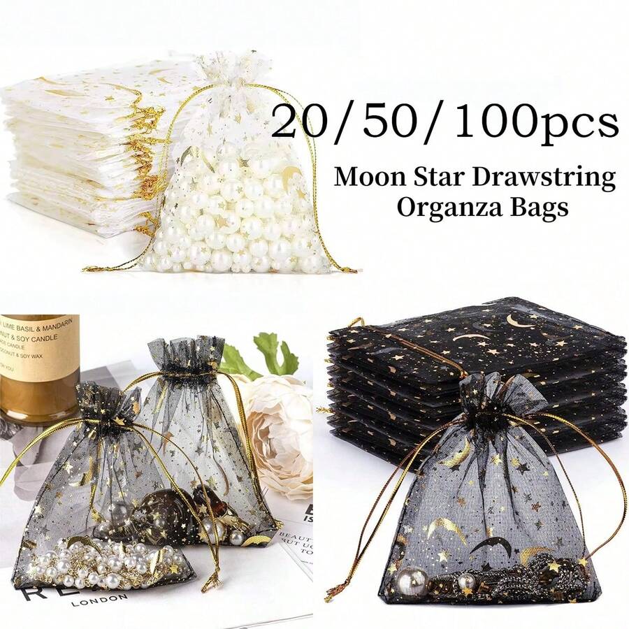 20 chiếc/50 chiếc/100 chiếc túi đựng trang sức bằng lưới màu đen họa tiết trăng sao, có dây rút, thích hợp làm quà tặng tiệc tùng, đựng kẹo, bảo quản và đóng gói trang sức, túi quà tặng sinh nhật, đám cưới và túi đựng vòng tay.