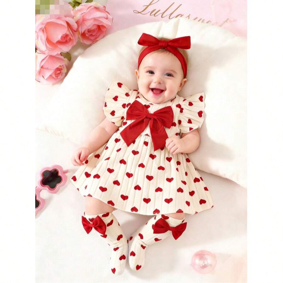新生女宝宝可爱爱心图案蝴蝶结装饰连衣裙，配发带和袜子，甜美日常装扮 - 紅色 - 查看 1