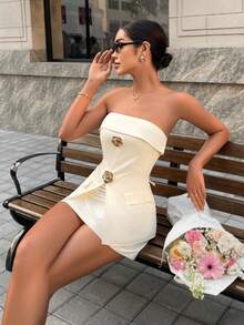 Women's Elegant And Sexy Spring/Summer Two Pieces Set - Apricot Chest Top With Metal Buttons And Skirt, Suitable For Office Commuting, Graduation, And Business Leisure, Office Style Set, Women's Business Leisure Set, Date, Birthday Party, Women's Elegant And Sexy Strapless Top And Skirt Two Pieces Set - Apricot - View 1