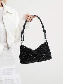 Casual Chic Sequin Shoulder Bag, Personalized Minimalist Large Capacity Crossbody Bag - Black - View 2