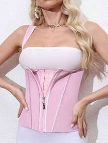 1pc Button Front Zipper Closure Slimming Corset Belt Women, Waist Trainer - 粉色 - 查看 3