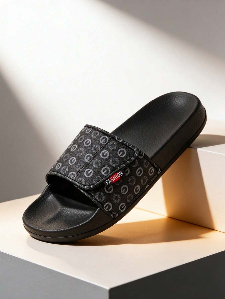 男女通用可调节魔术贴圆形图案拖鞋，柔软鞋垫，轻便灵活，休闲室内穿着，圣诞礼物 - 黑色 - 查看 1