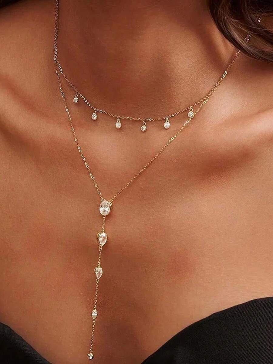 1pc Multi-Layer Crystal Rhinestone Teardrop Necklace, Elegant European And American Style Choker Necklace, Wedding Accessory - Water Drop - View 1