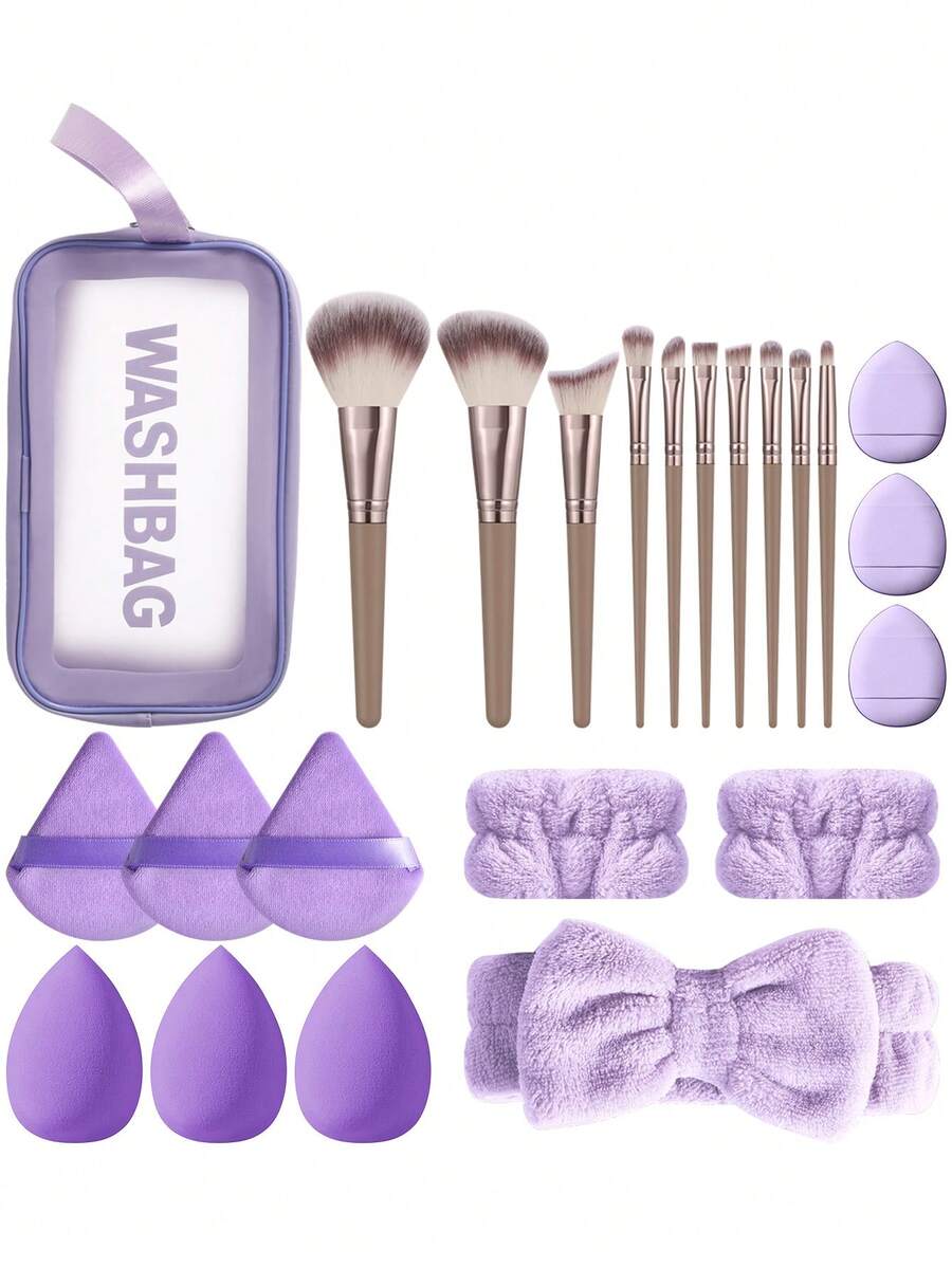 23件套化妆工具套装，包括：1个多功能拉链防水化妆包+10支化妆刷+3个迷你气垫粉扑+3个三角粉扑+3个化妆海绵+2个手碗挂绳+1个发带，一应俱全，新手友好 | 方便旅行携带，送礼佳品 | 新手/女性的完美之选 - 彩色 - 查看 1