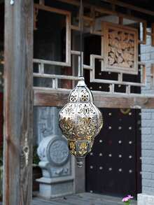1pc Hanging Outdoor Solar Lantern, Metal Moroccan Style Waterproof Solar Lantern, Wrought Iron Garden Lamp With Hook, Shadow Effect Vintage Decor, Suitable For Park, Patio, Backyard, Porch Lighting - Multicolor - View 6