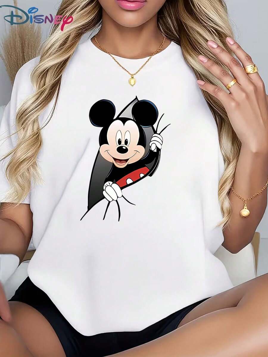 Loose-Fitting Crew Neck T-Shirt | Disney Mickey "Breakthrough" Theme | Perfect For Vacation Photos At Disneyland, As A Travel Souvenir, Casual Everyday Wear, Or Matching Family Outfits. Also An Ideal Valentine's Day Gift For Friends And Family. Women's Clothing, New Spring Style, Comfortable And Skin-Friendly, Suitable For Outdoor Wear. - trắng - Xem 1