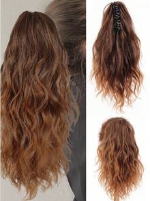14英寸卷曲马尾发圈，14英寸爪形抽绳马尾假发，棕色混色漂白金高马尾发圈，合成纤维材质，女士时尚发夹，优雅发饰，休闲发爪，女士优雅发爪夹 - 彩色 - 查看 17