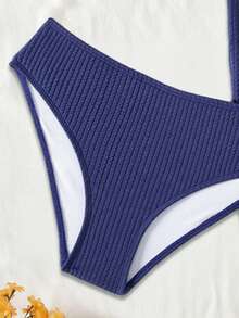 Bộ bikini dệt kim jacquard 3 mảnh dành cho bé gái tuổi teen, thiết kế cổ chữ V lớn, kèm áo khoác ngoài, thích hợp cho đi biển, nghỉ hè. - Màu xanh lam - Xem 4