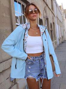Giolshon Women's Reversible Hooded Jacket With Double-Sided Butter Yellow Printed Design, Casual Fashion Layering For Autumn/Winter Spring - Baby Blue - View 3