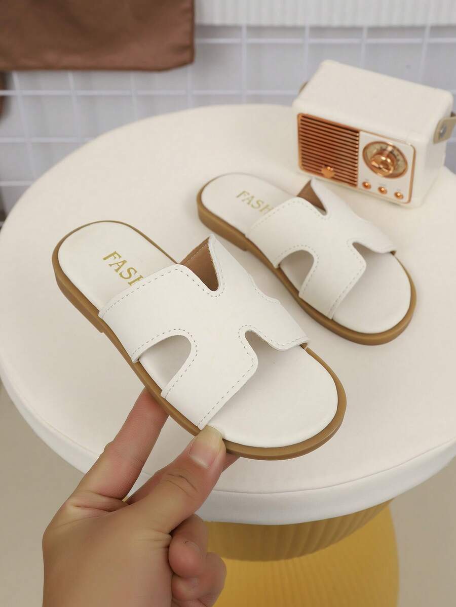 儿童时尚夏季户外拖鞋，方头平底鞋，凉鞋，新款女童鞋，靓丽沙滩鞋 - 米色 - 查看 1