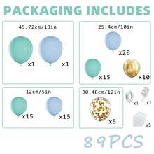 89 件套 - 清新风格气球拱门套装，包含蓝色、绿色、金色金属乳胶气球以及一套带金色铝箔纸的乳胶气球花环。适用于复活节、母亲节、春季庆祝活动、宝宝宴会、一周岁生日、宝宝洗礼日、结婚纪念日、情人节等场合。 - 查看 3