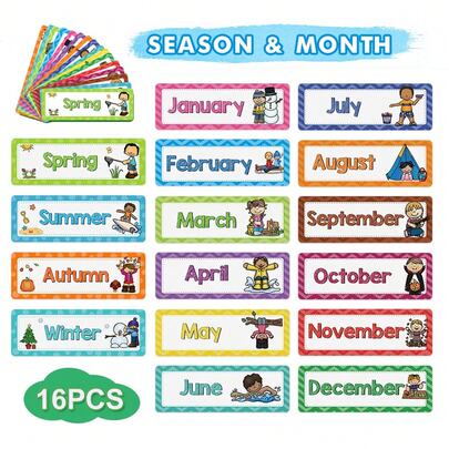 Lachilly 16PCS Seasonal Monthly Bulletin Board Educational Cards, MONTHS OF THE YEAR Chart Banner, Monthly Headliners Set, Classroom Decoration Home School Supplies, Wall Chart