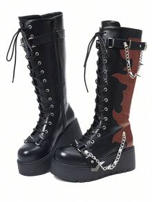 Goth Platform Boots For Women Back To School Punk Motorcycle Boots Mid Calf Round Toe Boots Back Zip Wedges Fall Boots - 黑紅色2 - 查看 6