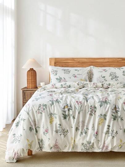 3 件套 100% 纯棉美式花卉印花床上用品套装，2 个枕套 + 1 个羽绒被套
