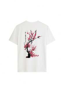 女款粉色圓領梅花印花T恤，寬鬆休閒風，適合日常穿搭與夏季度假，白色 - 白色 - 查看 3