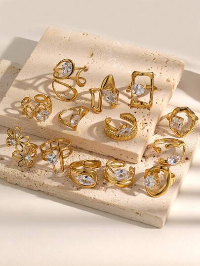 Anillo de zirconia para el festival de música y la temporada de bodas 2026, joyería de mujer con baño de oro de 18K antidecoloración, anillo de moda ajustable para uso diario