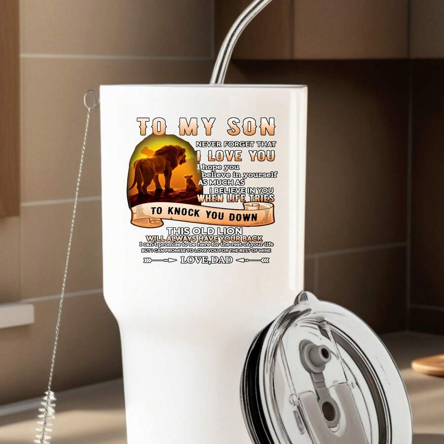 30oz Stainless Steel Tumbler Black White Options,  To My Son Love Lion Strength Courage Legacy Graphic Cups, Insulated Travel Coffee Mug With Lid And Straw , Double Wall Vacuum Reusable Travel Cups, Funny Birthday Party Gift For Women & Men - 白色 - 查看 1