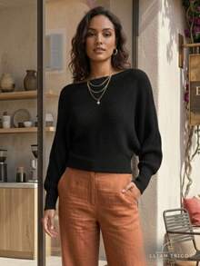 Women's Batwing Blouse, Fang Knit, Long Sleeve, Elegant Knitwear, Winter Fashion - 菸草棕色 - 查看 4