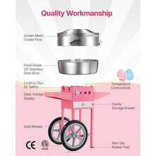 elektrische Zuckerwattemaschine kommerzielle Zuckerwattegeräte mit Wagen (1000 W) mit 52 cm Edelstahlschüssel & Zuckerschaufel & Schublade, perfekt für Kindergeburtstage Familienfeiern Rosa - Mit Wagen, Pink - Übersicht 5