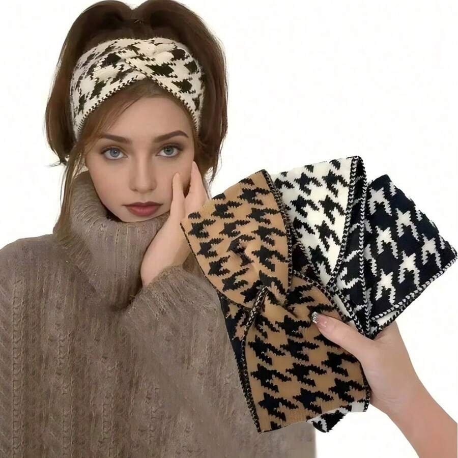 多款女士黑白千鸟格羊毛发带，时尚新款交叉宽针织运动头巾，秋冬季头巾，女士吸汗带，适合秋季度假必备发饰，夏季沙滩发带 - 彩色 - 查看 1