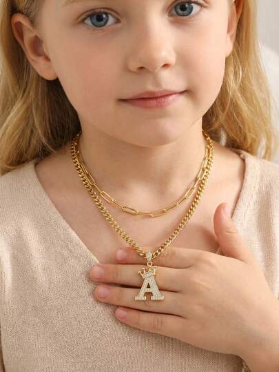 2pcs/Set Fashionable Exquisite Gold Copper Inlaid Zirconia Letter Pendant Necklace Chain Necklace Stacked Jewelry Accessories Freely Matching Travel Accessories